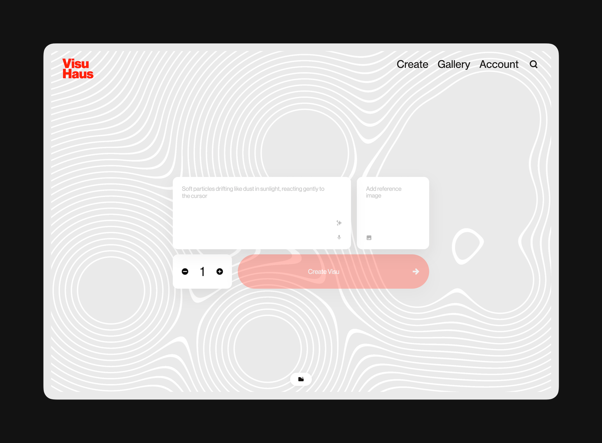 The Visu.Haus Create area with the prompt field, reference image field, variant selector, and Create Visu button.