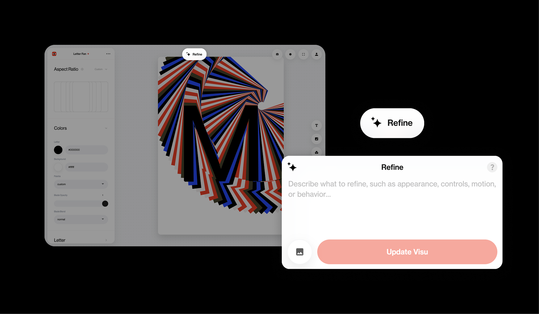 The Refine button above the stage and the panel for describing an update or adding a reference image.