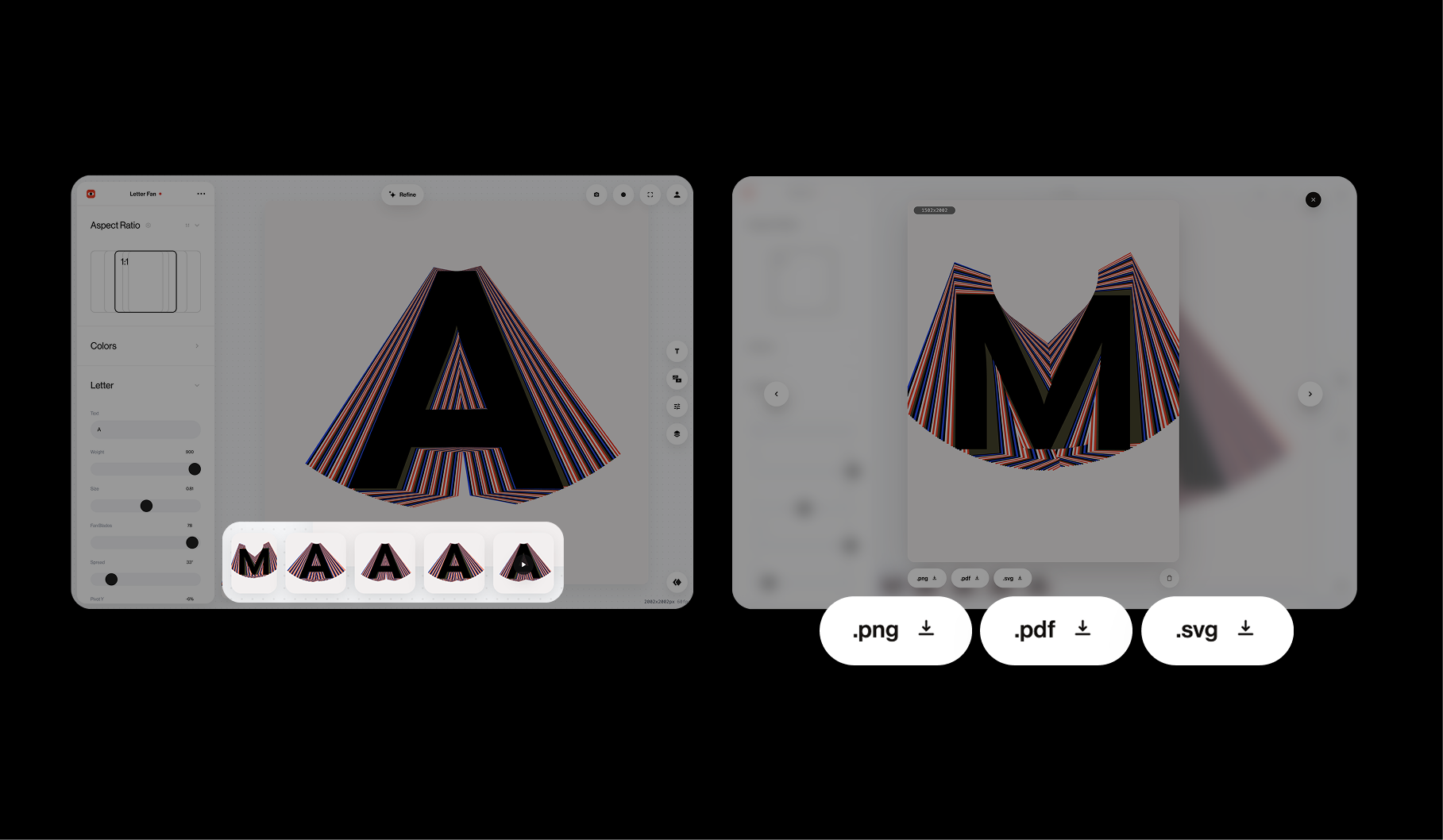 The capture tray with several thumbnails and the larger capture viewer offering PNG, PDF, and SVG downloads.